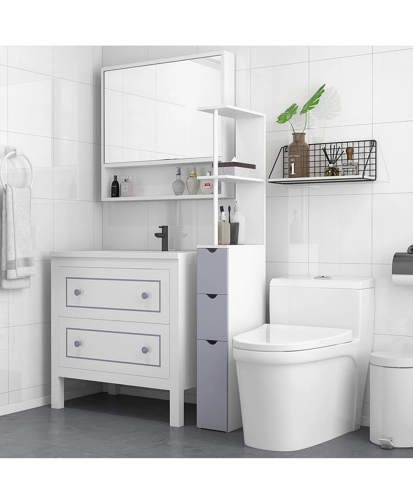 Homcom 54" Tall Bathroom Storage Cabinet, Freestanding Linen Tower with 2-Tier Shelf and Drawers, Narrow Side Floor Organizer, White