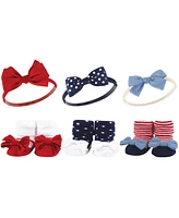 Hudson Baby Infant Girl 12Pc Headband and Socks Giftset, Red Blue Bows Red Chambray, One Size