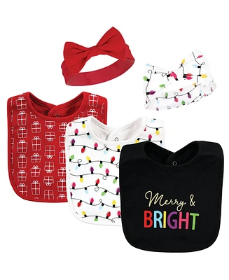 Hudson Baby Girls Cotton Bib And Headband or Caps Set, Merry Bright, One