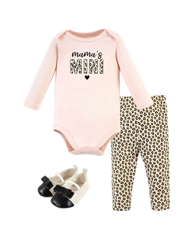 Hudson Baby Girls Cotton Long-Sleeve Bodysuit, Pant and Shoe Set, Leopard Hearts, 3-6 Months