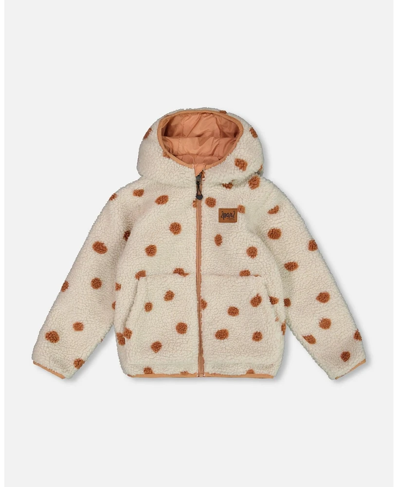 Deux par Baby Girls Reversible Sherpa Jacket Pinky Brown With Dots