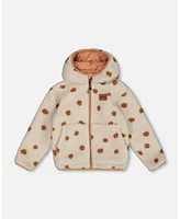 Deux par Baby Girls Reversible Sherpa Jacket Pinky Brown With Dots