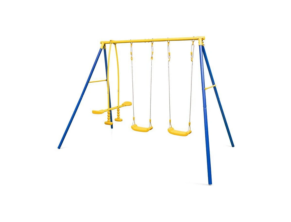 Slickblue Metal Swing Set for Backyard with 2 Swing Seats and 2 Glider Seats-Blue