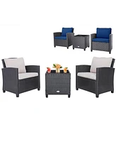 Gymax 3PCS Outdoor Patio Rattan Conversation Set w/ Beige & Navy Cushion