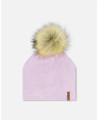 Deux par Deux Baby Girls Baby Mid-Season Jersey Detachable Pompom Hat Lilac