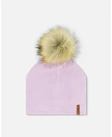 Deux par Deux Baby Girls Baby Mid-Season Jersey Detachable Pompom Hat Lilac