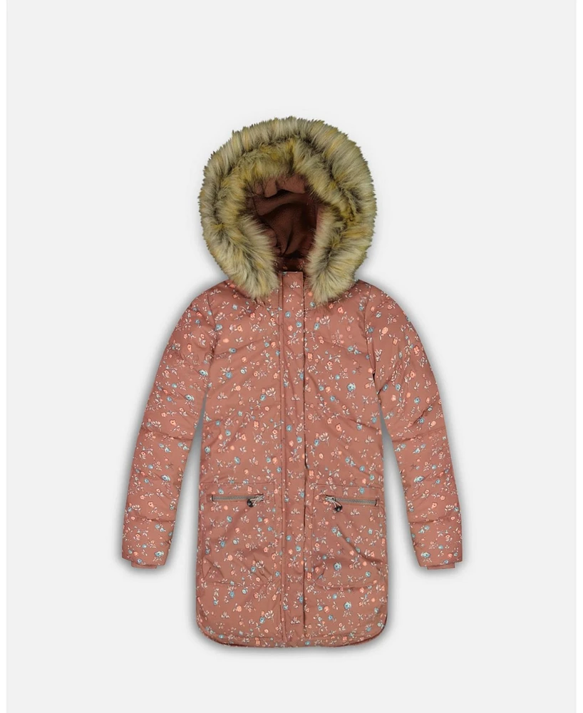 Deux par Big Girls Puffy Long Coat Dusty Pink With Small Flowers