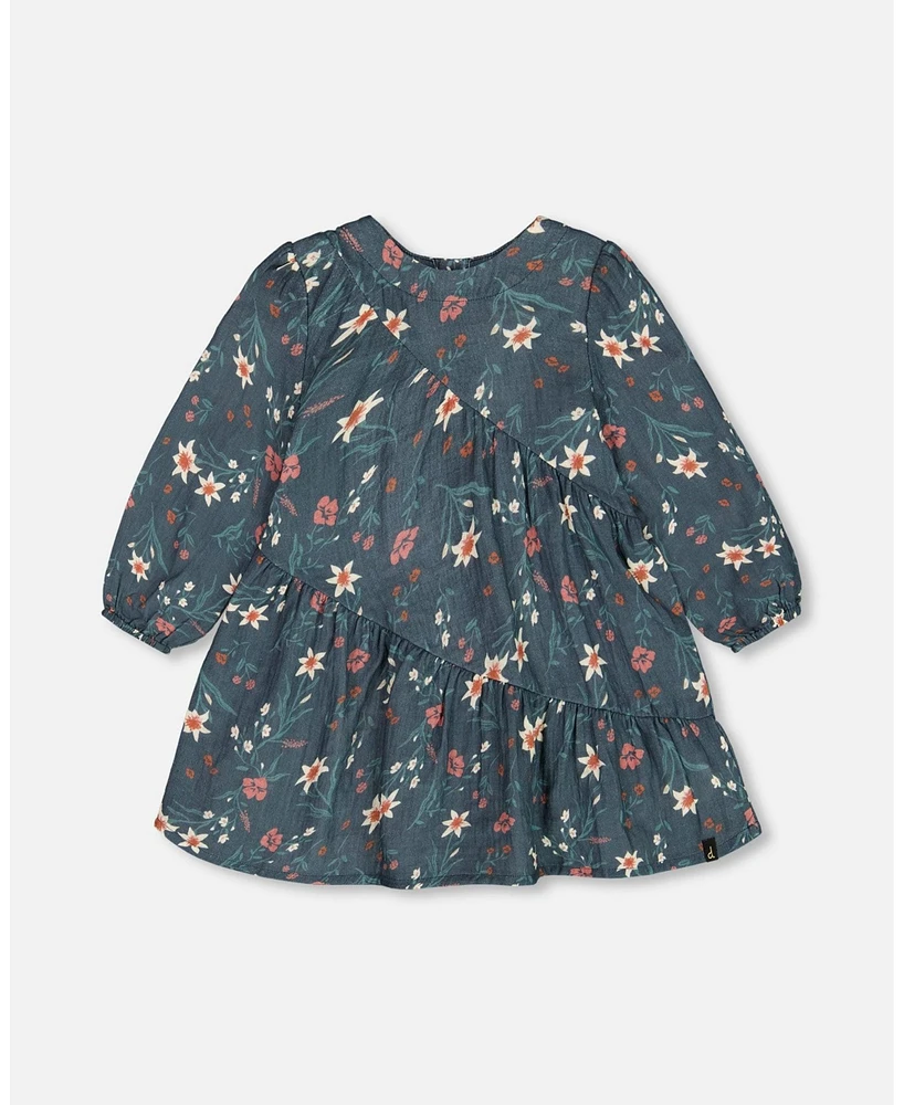 Deux par Big Girls Long Sleeve Muslin Dress Teal Printed Flowers