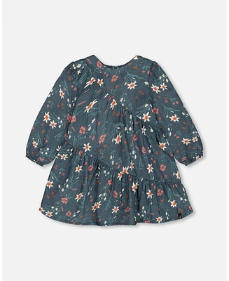 Deux par Big Girls Long Sleeve Muslin Dress Teal Printed Flowers