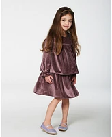 Deux par Little Girls Long Sleeve Metallic Dress With Frills Burgundy - Toddler|Child