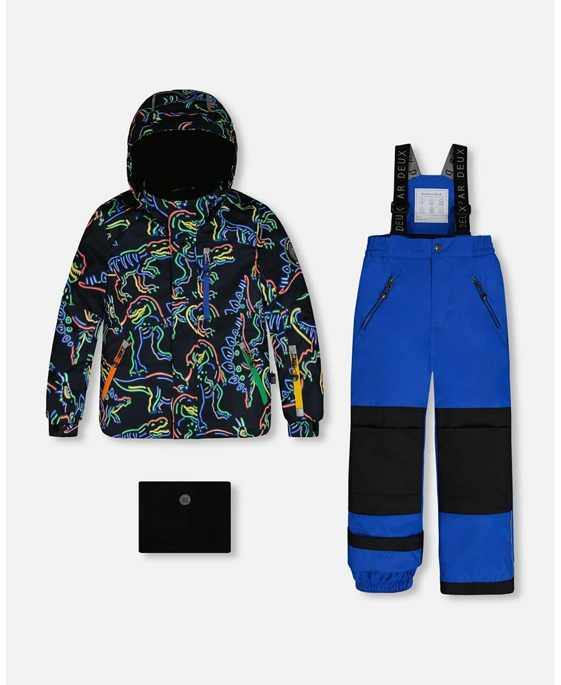 Deux par Big Boys Two Piece Snowsuit Royal Blue Printed Dinos