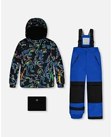 Deux par Big Boys Two Piece Snowsuit Royal Blue Printed Dinos