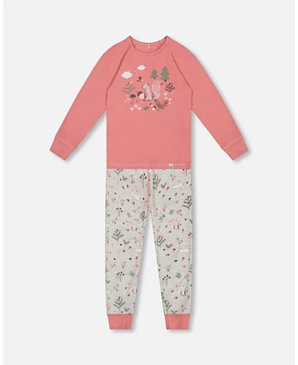 Deux par Big Girls Organic Cotton Two Piece Pajama Set Beige Mix Printed Squirrel