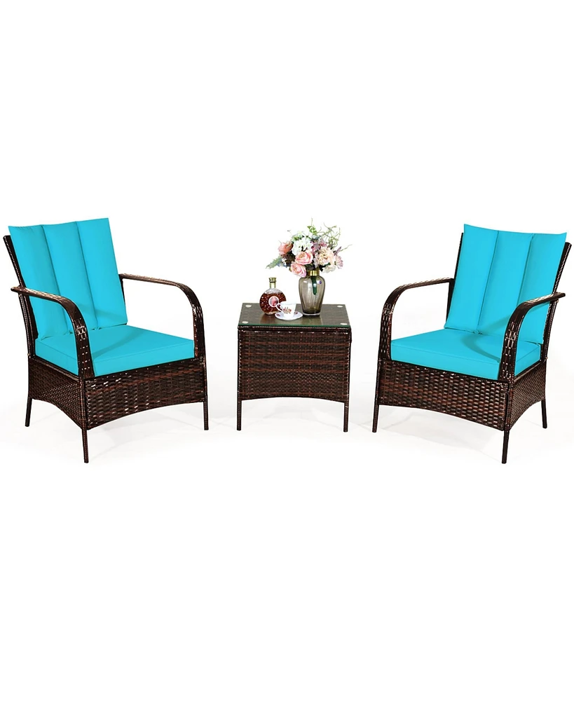 Gymax 3PCS Patio Rattan Conversation Set Outdoor Furniture Set w/ Turquoise Cushion