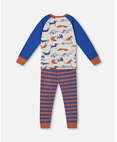 Deux par Little Boys Organic Cotton Two Piece Pajama Set Blue And Orange Stripe - Toddler|Child