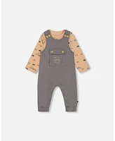 Deux par Baby Boys Organic Cotton Printed Onesie And Overall Set Dark Gray With Mountains