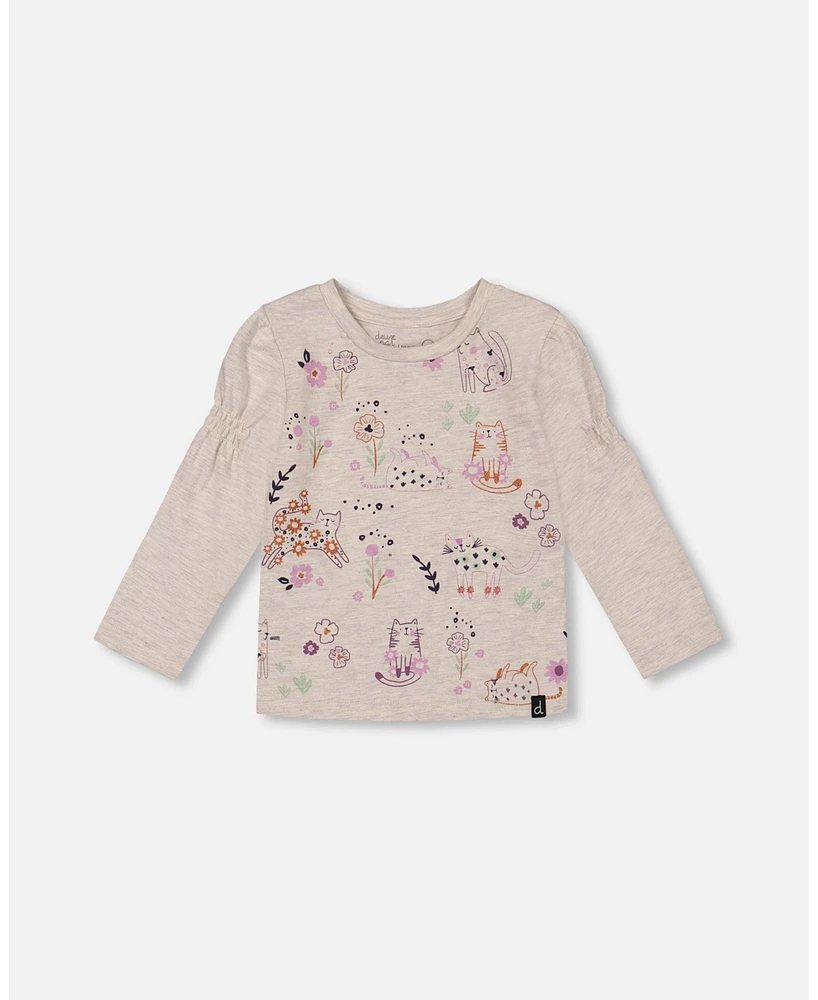 Deux par Baby Girls Printed T-Shirt Beige Mix Cats