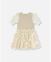 Deux par Little Girls Elbow Sleeve Dress With Tulle Skirt Glittering Beige - Toddler|Child