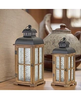 Slickblue Natural Wood Lantern With Ornate Frosted Glass (Set of 2)