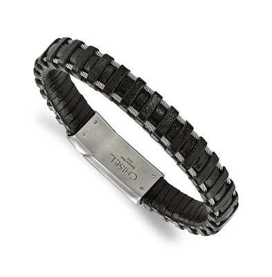 Chisel Stainless Steel Brushed Cable and Black Leather Bracelet