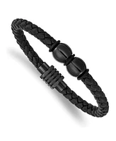 Chisel Stainless Steel Black Ip Plated Black Leather Rubber Bracelet