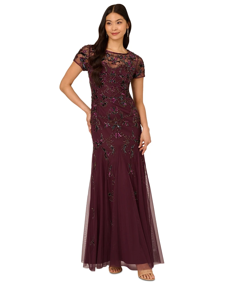 Adrianna Papell Women's Floral Beaded Mermaid Gown