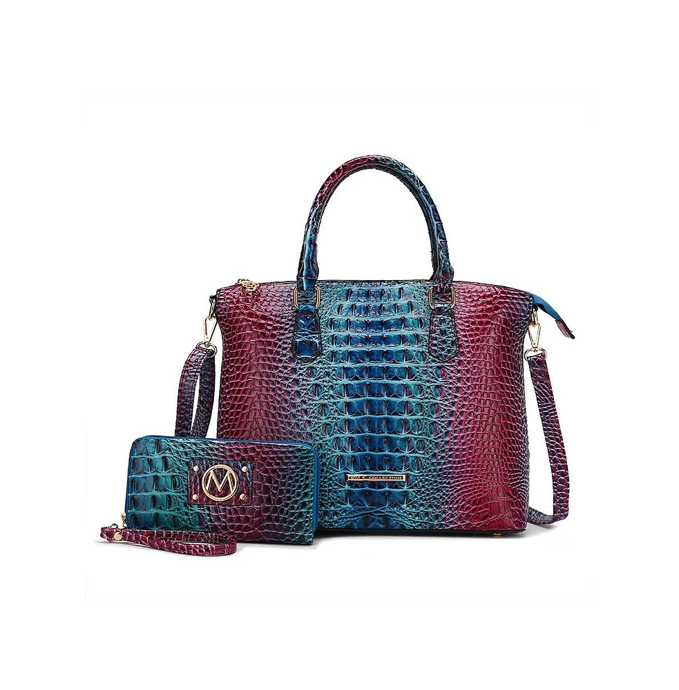 Mkf Collection Frankie Gradient Rainbow Faux Crocodile-Embossed Satchel Bag with Matching Wallet by Mia K