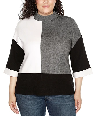 Belldini Plus Size 3/4 Cuffed-Sleeve Color block Sweater