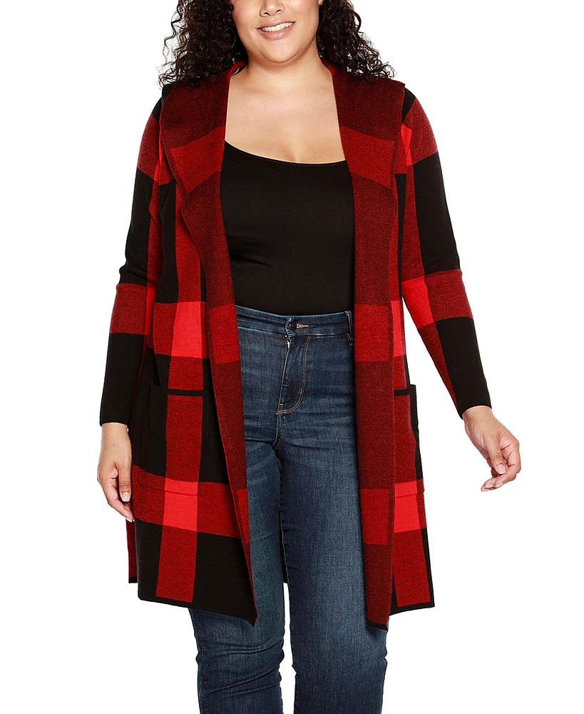 Belldini Plus Hooded Exploded Plaid Coatigan Sweater