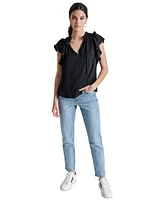 Dkny Jeans Women's Ruffle-Trim Split-Neck Top