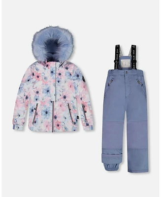 Deux par Big Girls Two Piece Snowsuit Solid Pant And Printed Watercolor Blue Flowers