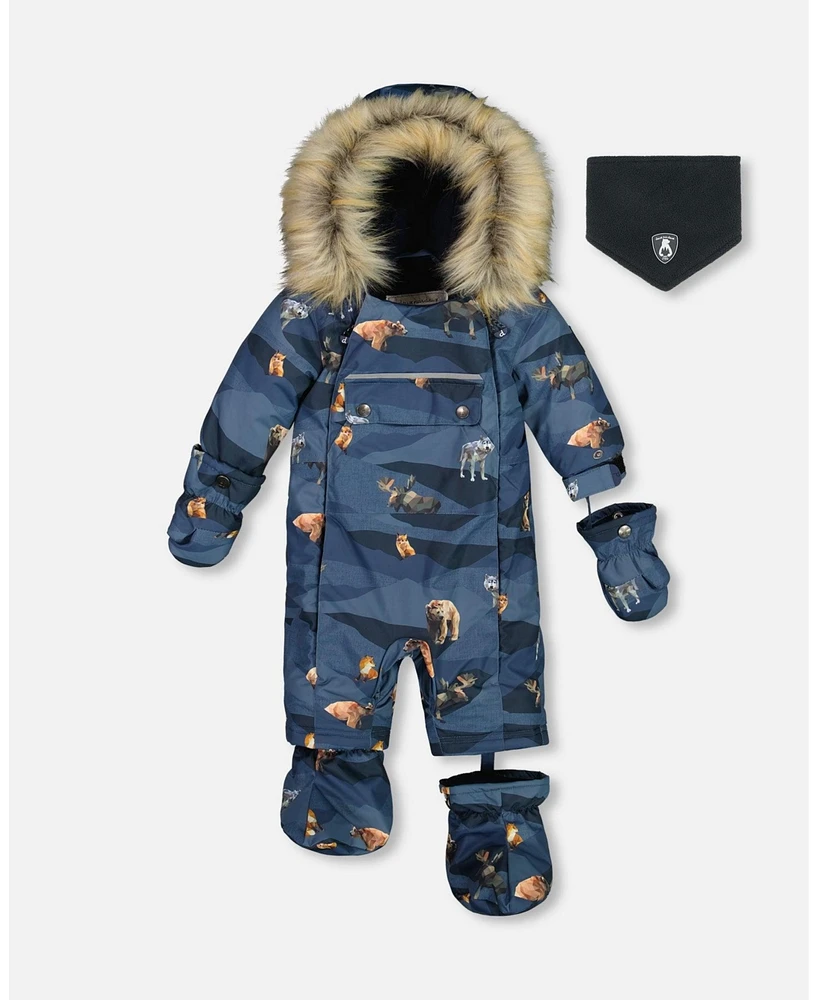 Deux par Baby Boy One Piece Snowsuit Navy Printed Mountains Animals Designed For Car Seat - Infant|Toddler