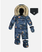 Deux par Baby Boy One Piece Snowsuit Navy Printed Mountains Animals Designed For Car Seat - Infant|Toddler