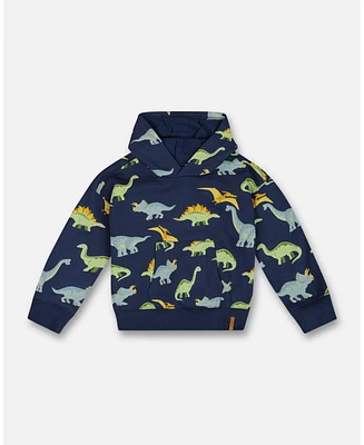 Deux par Little Boys Printed Dino Fleece Hooded Sweatshirt Navy - Toddler|Child