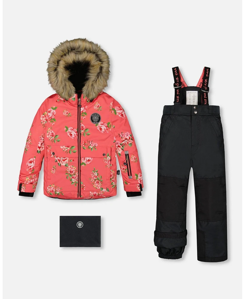 Deux par Toddler Girls Two Piece Snowsuit Black Printed Coral Flowers - Toddler|Child