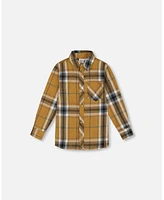 Deux par Big Boys Button Down Flannel Shirt With Pocket Plaid Golden Yellow And Gray