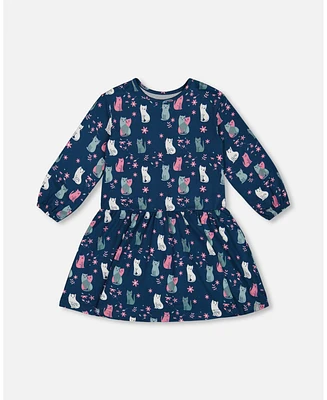 Deux par Big Girls Printed Long Sleeve Dress Navy Blue With Kitten