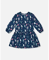 Deux par Big Girls Printed Long Sleeve Dress Navy Blue With Kitten