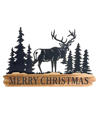 Slickblue Wood Merry Christmas Sign With Cut Metal Forest Accent (Set of 2)