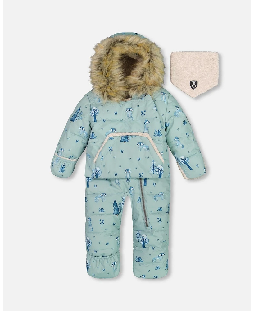 Deux par Baby Boys One Piece Hooded Snowsuit Sage Printed Racoons Designed For Car Seat - Infant|Toddler