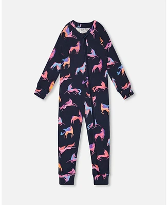 Deux par Deux Baby Girls Baby One Piece Thermal Underwear Navy Printed Unicorn