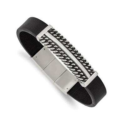 Chisel Stainless Steel Antiqued Black Leather with extension Bracelet