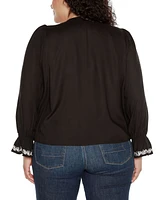 Belldini Black Label Plus Tie-Neck Embroidered-Front Blouse