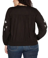 Belldini Black Label Plus Embroidered Blouson Sleeve V-Neck Blouse