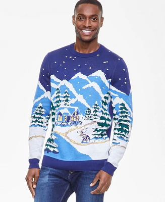 Holiday Lane Men's Snowy Town Crewneck Sweater, Created for Macy's