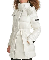 Karl Lagerfeld Womens Shine Hooded Short Belted Puffer Coat