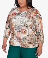 Alfred Dunner Plus Emerald Isle Women's Center Lace Floral Print Top