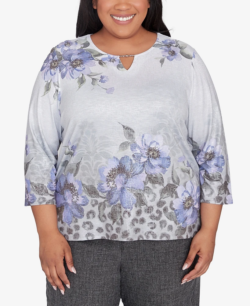 Alfred Dunner Plus Worth Avenue Beaded Split Neck Floral Shimmer Top