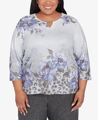 Alfred Dunner Plus Worth Avenue Women's Beaded Split Neck Floral Shimmer Top