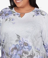 Alfred Dunner Plus Worth Avenue Beaded Split Neck Floral Shimmer Top